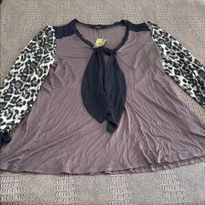 Suzanne Betro XL Brown Black Leopard Colorblock Tie Neck Tunic Top NWT